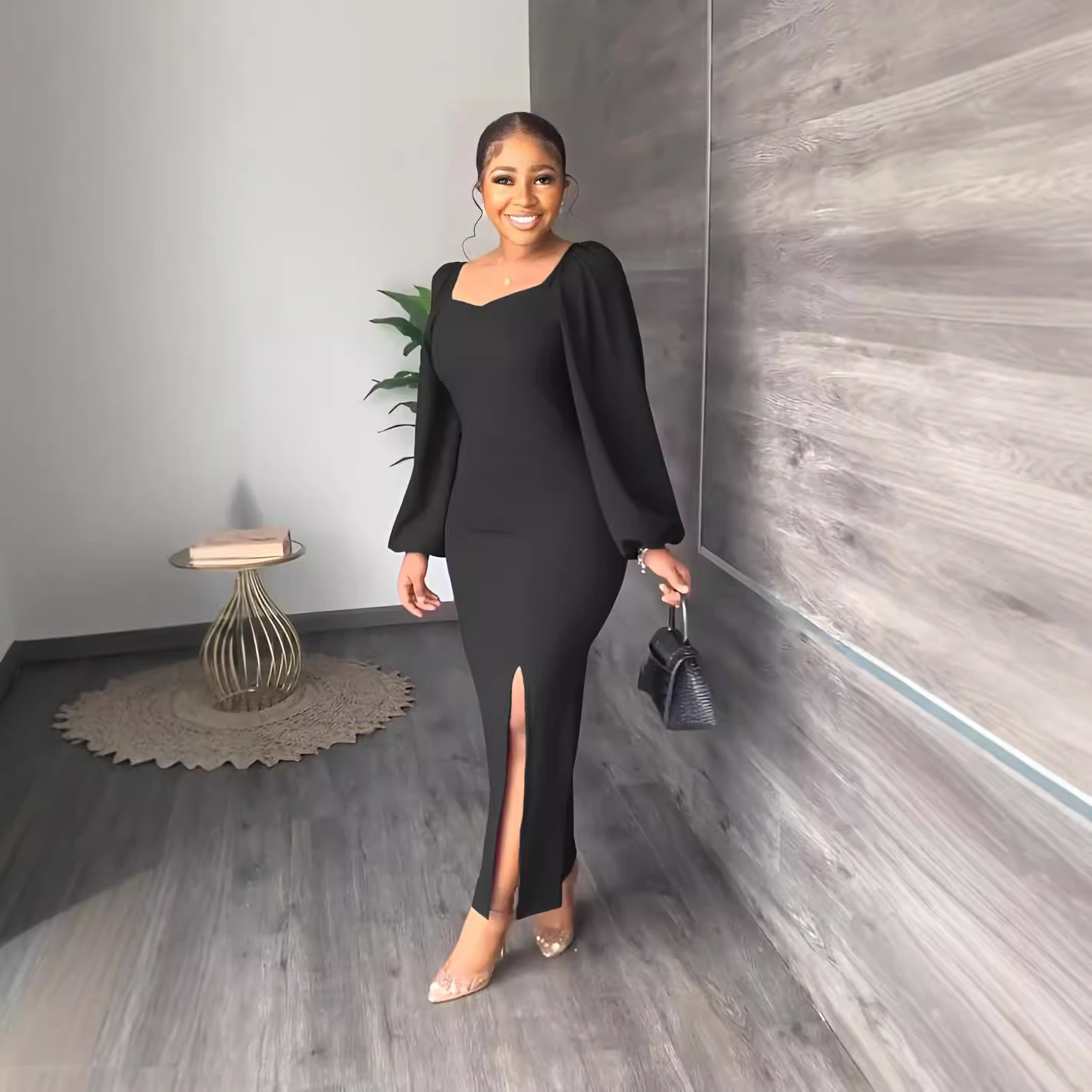 Womens Hot-Selling Solid Color Long-Sleeve Sexy Backless Bodycon Slit One-Piece Dress