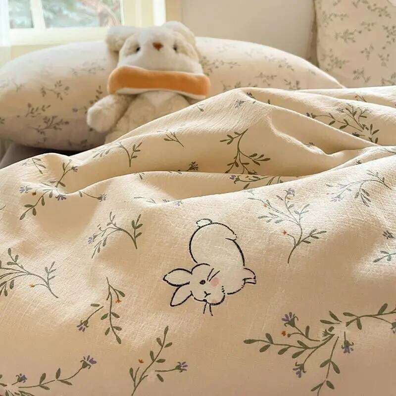 Ins Simple Little Rabbit Bedding 2025 New Four piece Washed Cotton Quilt Set, Dormitory Bed Sheet Set for Girls H260312