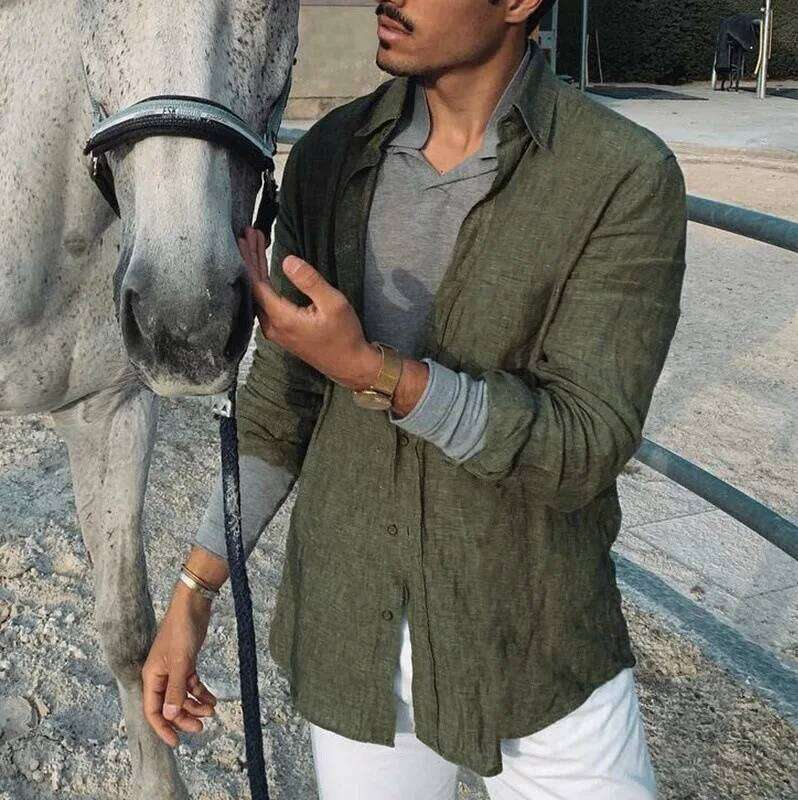 Men's new men's long sleeve buttoned cotton linen shirt lapel cardigan