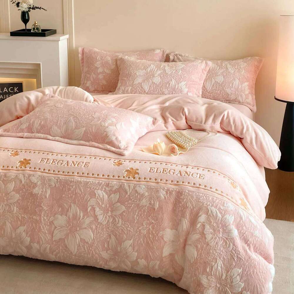 Light thickened milk four-piece set double-sided warm embroidery quilt cover bed sheet coral fleece bedding H260312