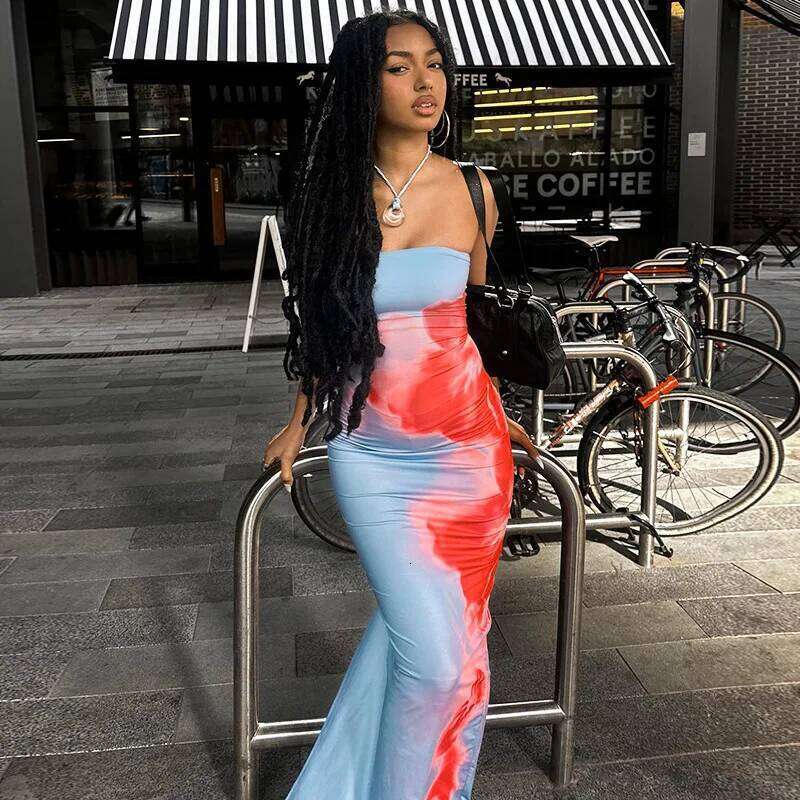 Fashion Elegant Sleeveless Print Dress Women's Sexy Backless Strapless Bodycon Maxi Dresses Summer Beach Holiday Long Robe C260312