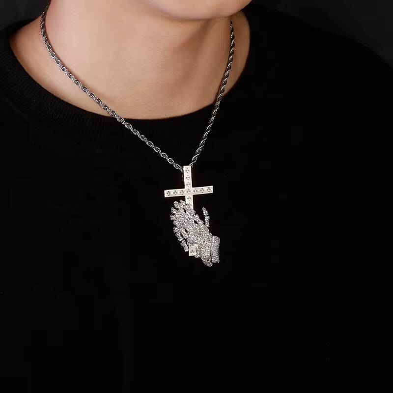 silverS925 Hip Hop Moissanite Crucifix Charm Necklace Praying Hand Cross Pendants Men Women Rapper Christian Fathers Day Gift