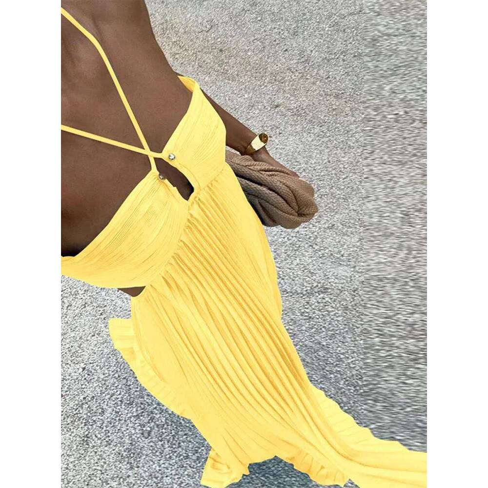 Summer Halter Pleated Long Dress Women Backless Sleeveless Blue Beach Vacation Dresses Female 2025 Fashion Lady A-line Robes C260312