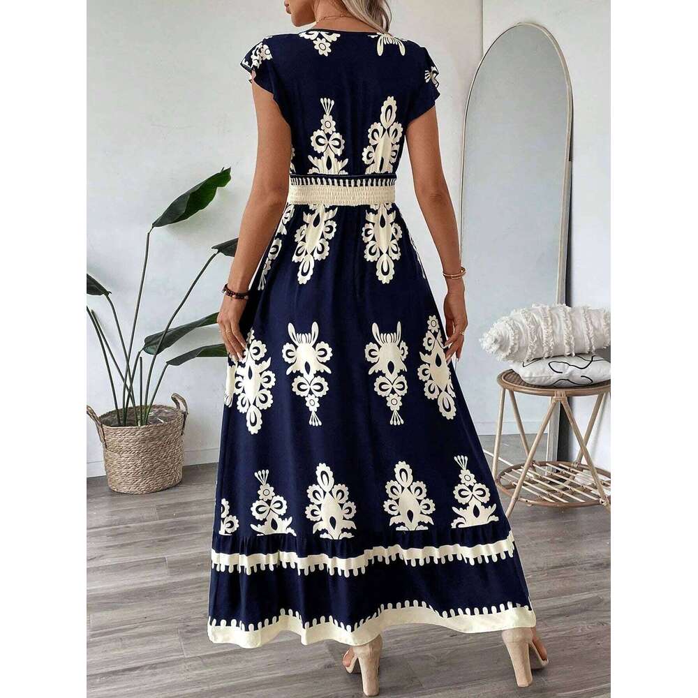 Women's V Neck Ruffle Hem A-Line Dress, Elegant All over Print, Elastic Waist, Moderate Fabric, Casual Vacation Wear C260312