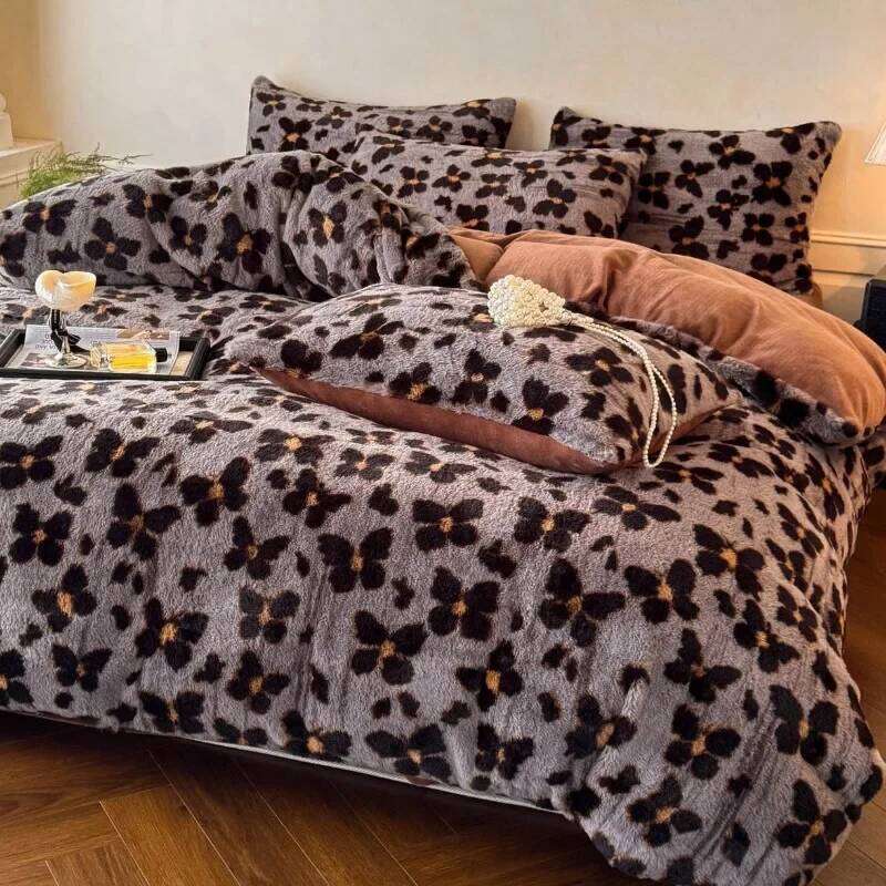 2025 class A thickened imitation rabbit hair carved milk four-piece winter coffee color warm fleece quilt set H260312