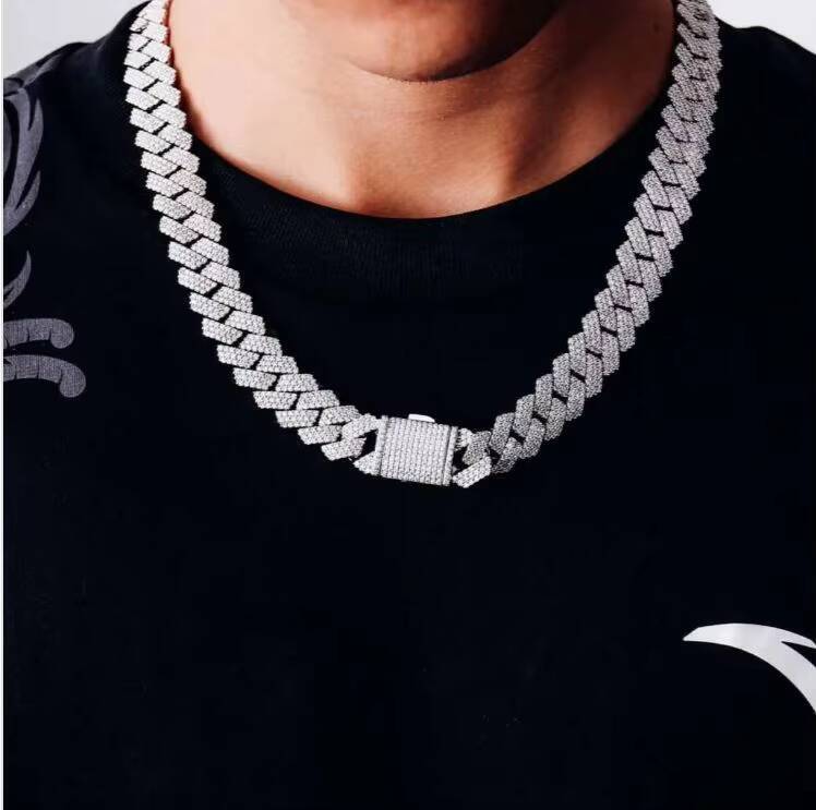 3row Moissanite Diamond Cuban Link Chain Fine Silver Iced Hip Hop Style Necklace High Quality Moissanite Cuban