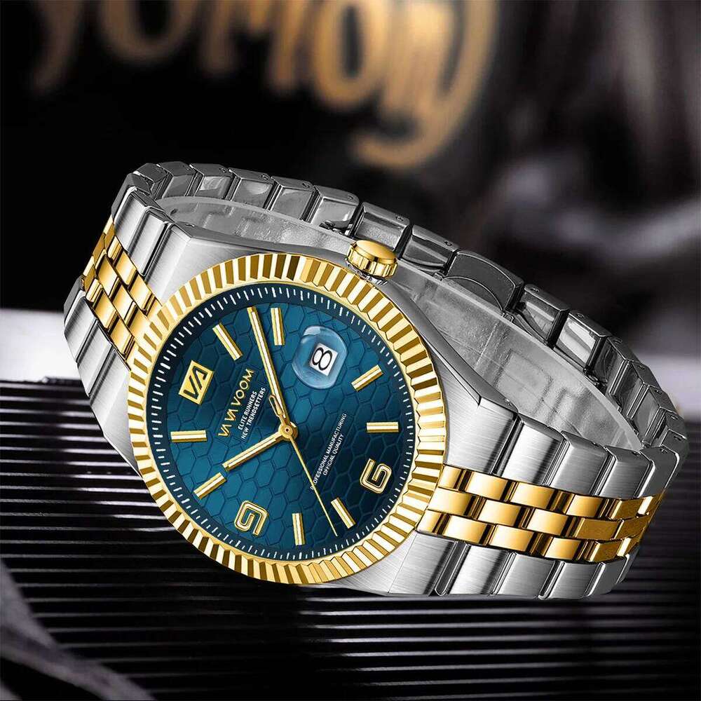 Watch for Men Stainless Steel Business Style 40mm Quartz Movement 3Bar Waterproof Clock Fashion Honeycomb Calendar Wristwatches