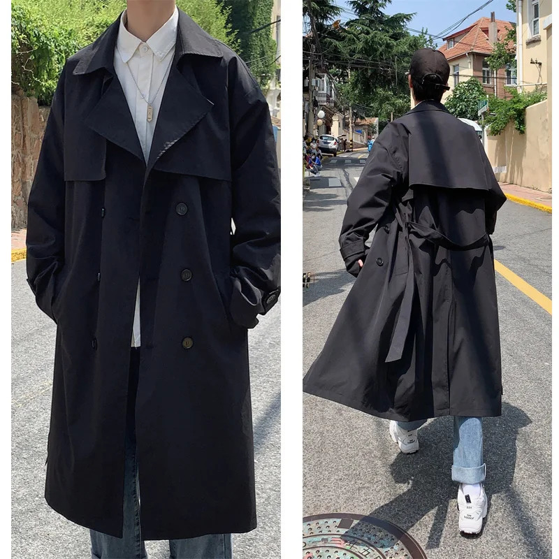 Korean style Spring Trench Coat Male Streetwear Windbreaker Trenchcoat Men Solid Business Casual Loose Long Overcoat 260304