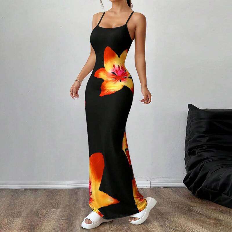 Women Summer Spaghetti Strap Casual Floral Print Bodycon Party Dress for Vacation Cocktail Beach Streetwear C260311