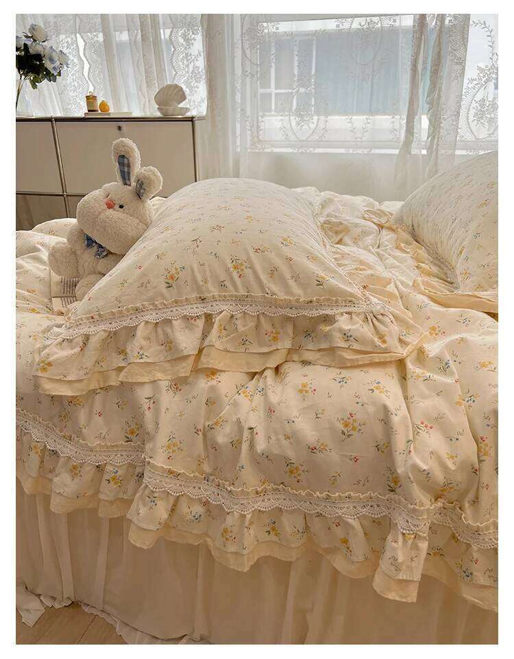 4Pcs Princess Style 100% Cotton 2025 New Girly Heart Lace Bedding Sheet Hat Bed Skirt Duvet Cover 200x230 Four Seasons H260312