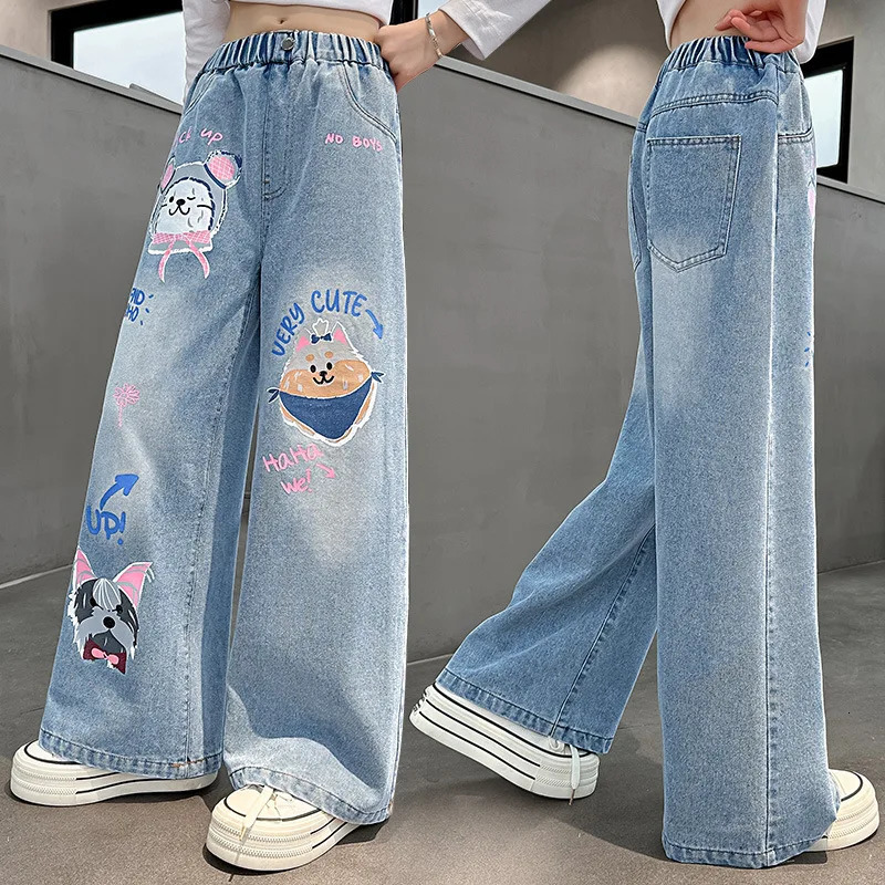 2026 Cartoon Fashion Pattern Jeans for Girl Loose Straight Denim Pants Lovely Print Kids Spring Autumn Korea Style Long Trousers 260311