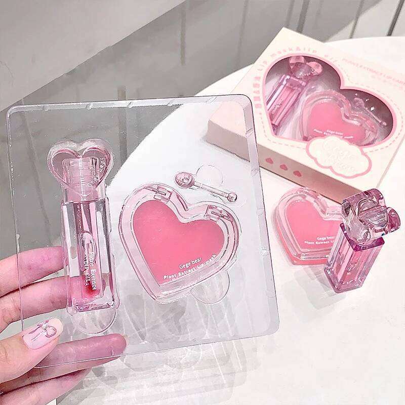 Pink Heart Care Set Moisturizing Reduce Dry Wrinkles Transparent Tint Mirror DUDU Oil Lip Mask Girl Lipstick Makeup Base W260311