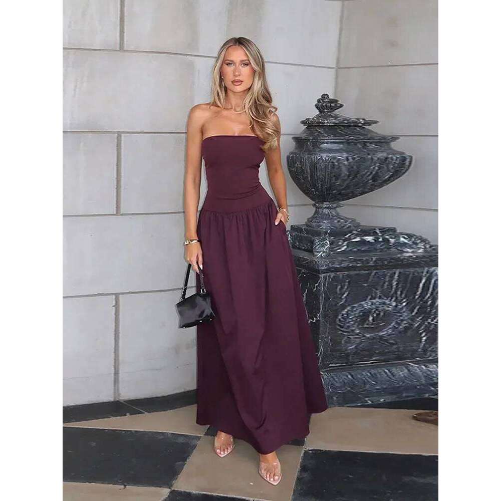Elegant Women Solid Sleeveless Off Shoulder Maxi Dress Sexy Backless High Waist Pleated Dresses Chic Lady Club Party Robes C260312