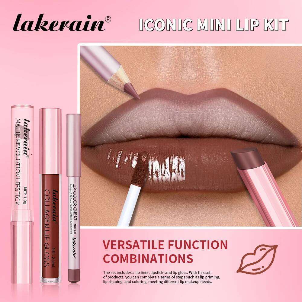 Lakerain 3pcs Makeup Mirror Effect Smooth High Color Rendering Long Lasting Hydration Liner Lip Gloss Lipstick Set W260311