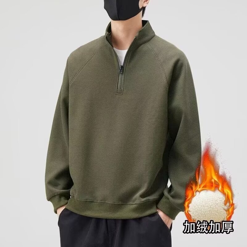 Fleece-lined Thickened Half-zip Sweatshirt For Men Loose Fit Spring And Autumn New Autumn And Designer Hoodie Winter Trendy Brand Stand Collar Pullove