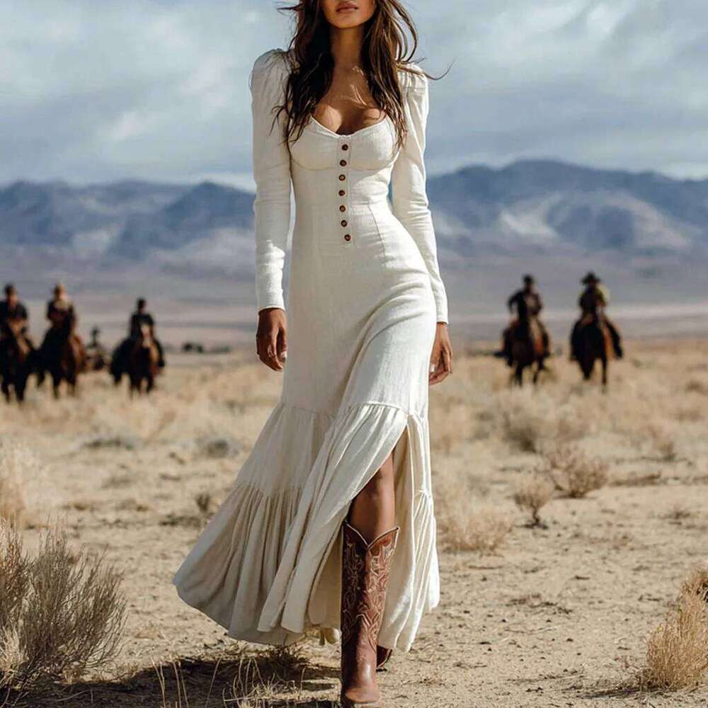 2025 Autumn Vintage U Neck Button Pleated Woman Fashion Solid Split Boho Long Sleeve Slim Maxi Dress Vestidos C260312
