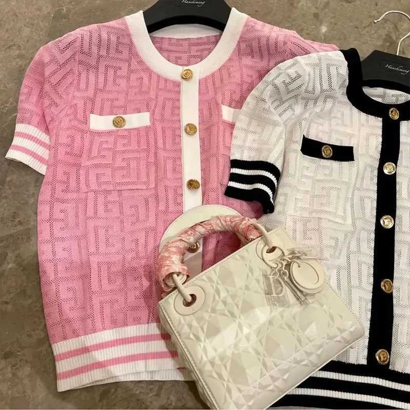 Korean Style Fashion Chic Slim O-neck Knit Tops Summer Women Short Sleeve Hollow Out Chic Geometric Jacquard Thin Pullovers906T260312