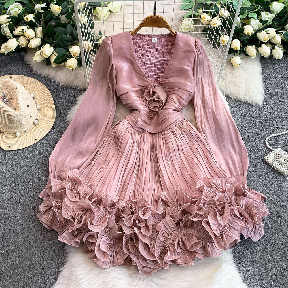 European and American internet celebrities niche high-end shiny transparent V-neck dress with exquisite a18 fluffy 3D ruffles