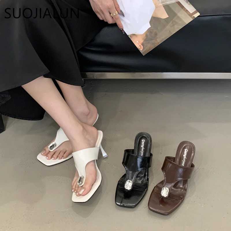 SUOJIALUN 2025 New Women Slipper Fashion Crystal Slip On Flip Flop Shoes Thin High Heel Elegant Outdoor Dress Sandal Pumps K260312