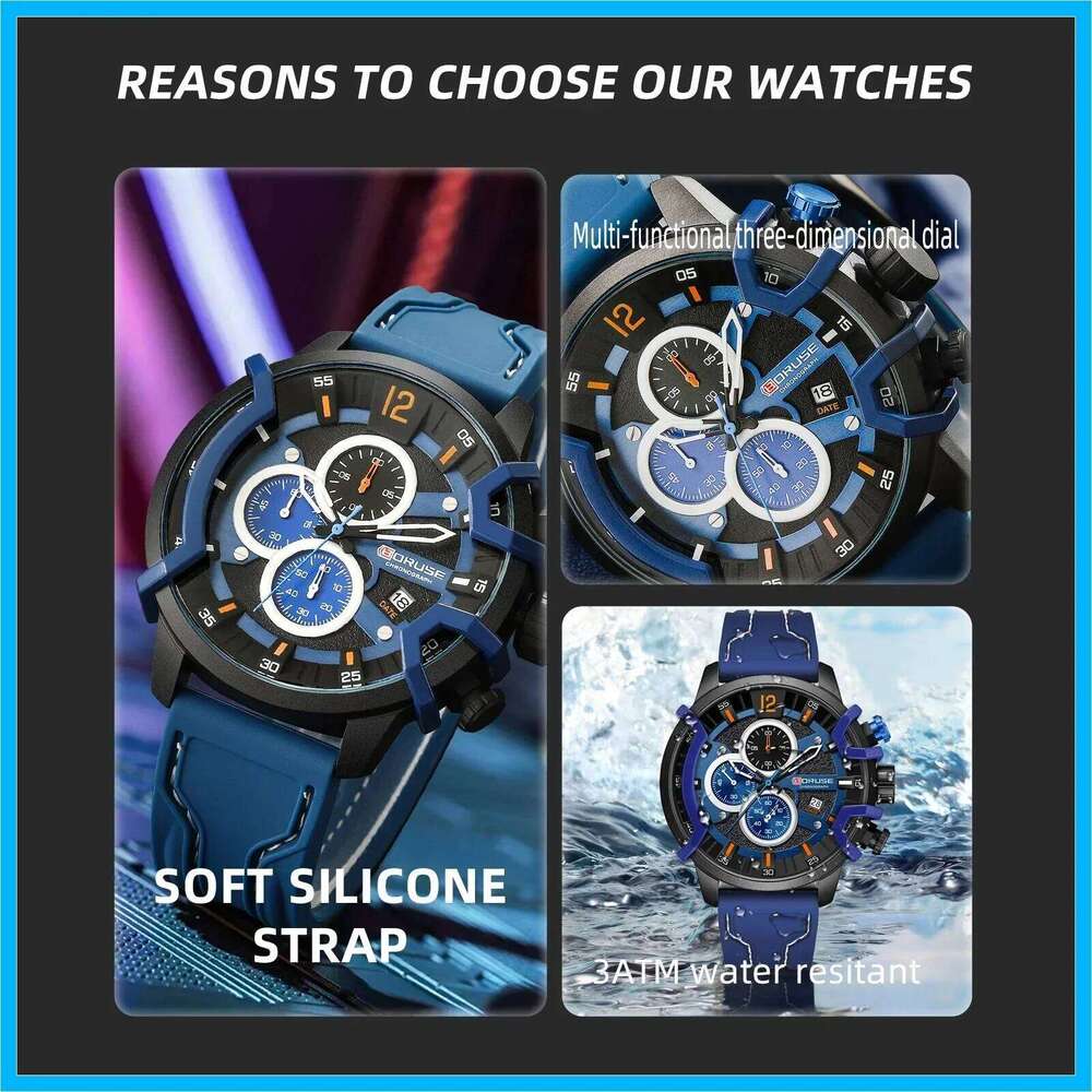 2Pcs/set BORUSE Fashion Men's Sporty Silicone Strap Quartz Watch and Necklace Set Ideal Gift for Men