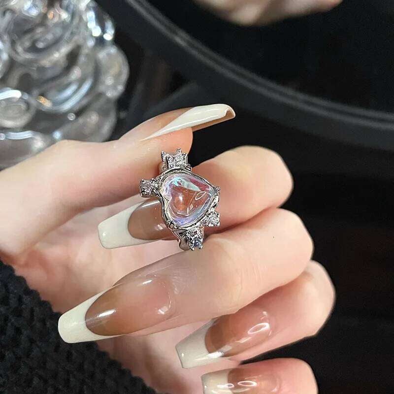 Kpop 90s Grunge Aesthetic Irregular Liquid Metal Heart Moonstone Open Ring For Women Vintage Jewelry EMO Y2K Accessories H260312