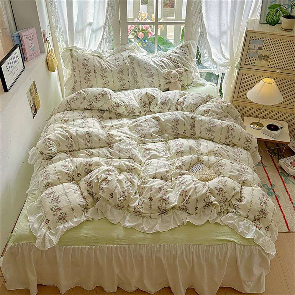 French Style Cute Girl Heart Four Set, Washed Cotton Bed Sheet Hat Student Duvet Cover Three Piece Set H260312