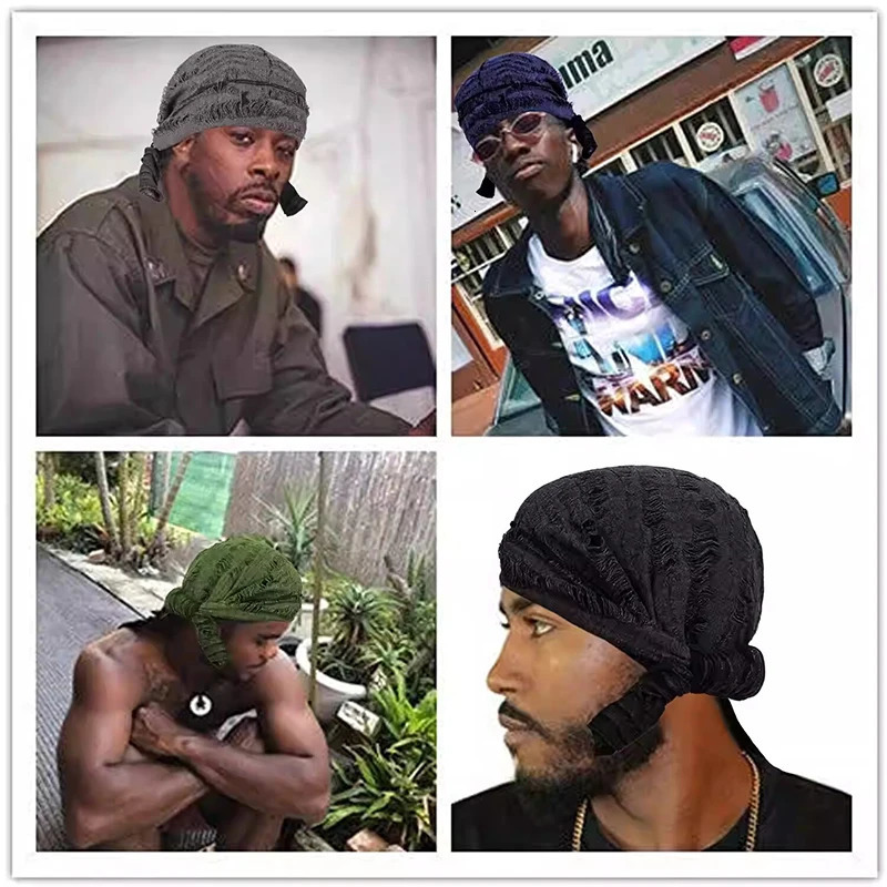 Vintage hole Cotton Durag Headband Unisex Hip Hop Bandana Long Tail Pirate Cap for Men Trendy Head Wraps Cycling Head Scarf 260304