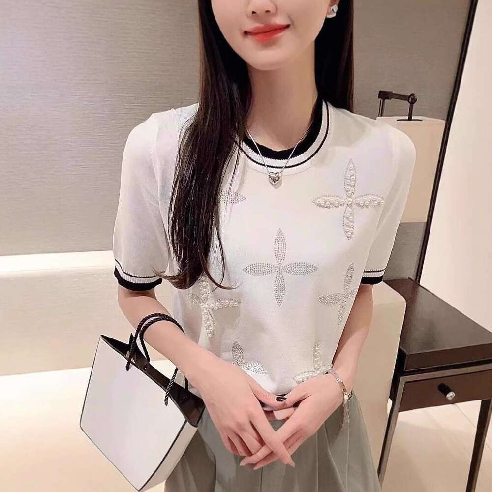 New Model Ice Silk Short-Sleeve Knit For Women, Summer New Style, Heavy-Duty Beaded And Rhinestone-Embellished Casual Thin Top
