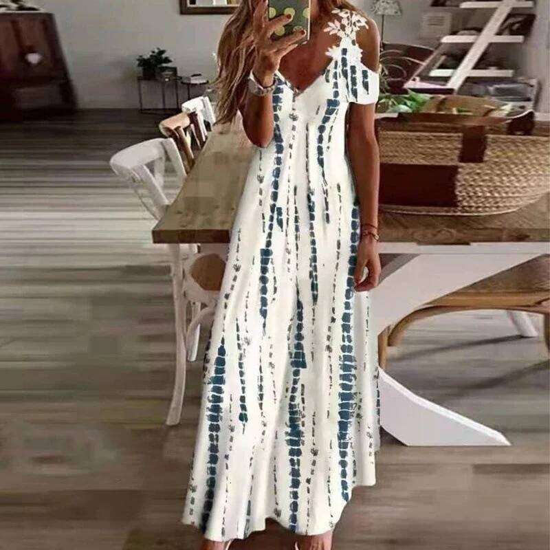Women's Printed White Lace Sleeveless Suspender Summer Fashion Casual Long Dress C260312