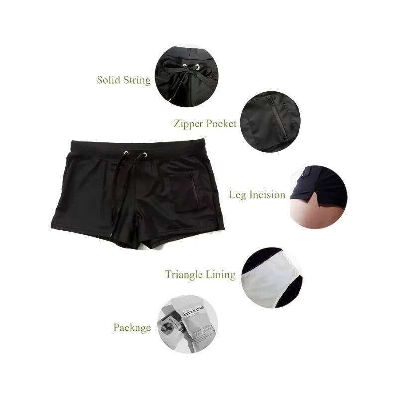 Stretchy Nylon Elastane Men's Quick-Dry Swim Trunks with Zipper Pocket - Solid Color, Drawstring Waistband for Beach & Pool Z260312