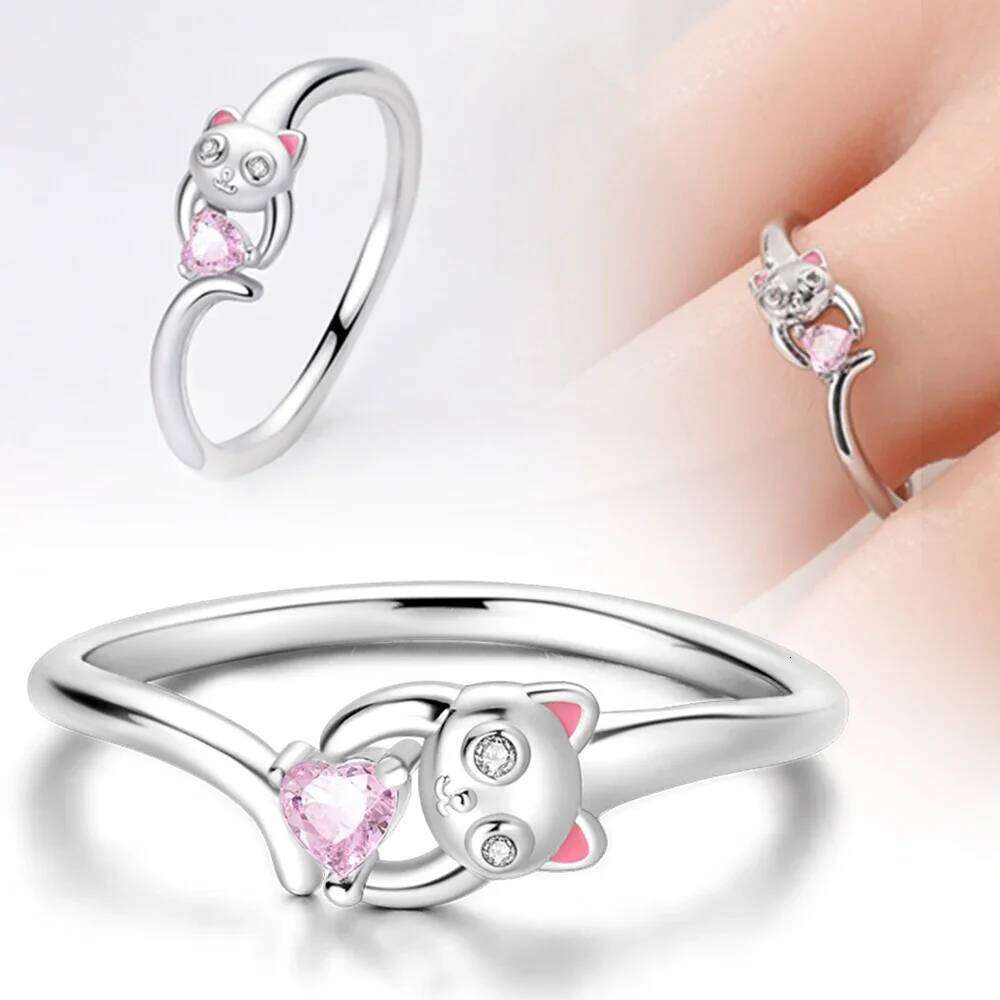 Real S925 Adorable Cat Pink Rings for Women Sterling Silver Ring Fine Jewelry Gift Teen Girl Valentines H260312