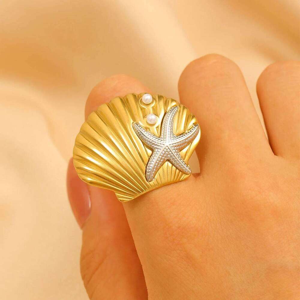 Luxury Inspired Starfish Ring Textured Shell Coral Jewelry Exquisite Rings for Women Fashion Sophisticated Style Versatile Daily Wear Accessory