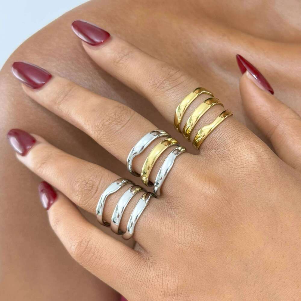 Minimalist Line 18K Gold Color Plated Stainless Steel Stackable Hollow Women's Jewelry Adjustable Ring Party Gift H260312