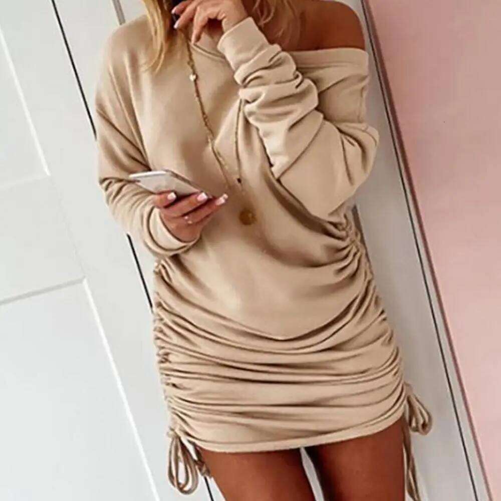 Women Sweater Long Sleeve One Shoulder Drawstring Bodycon Ladies' Autumn Winter Pleated Sexy Hip Hugging Dress C260312