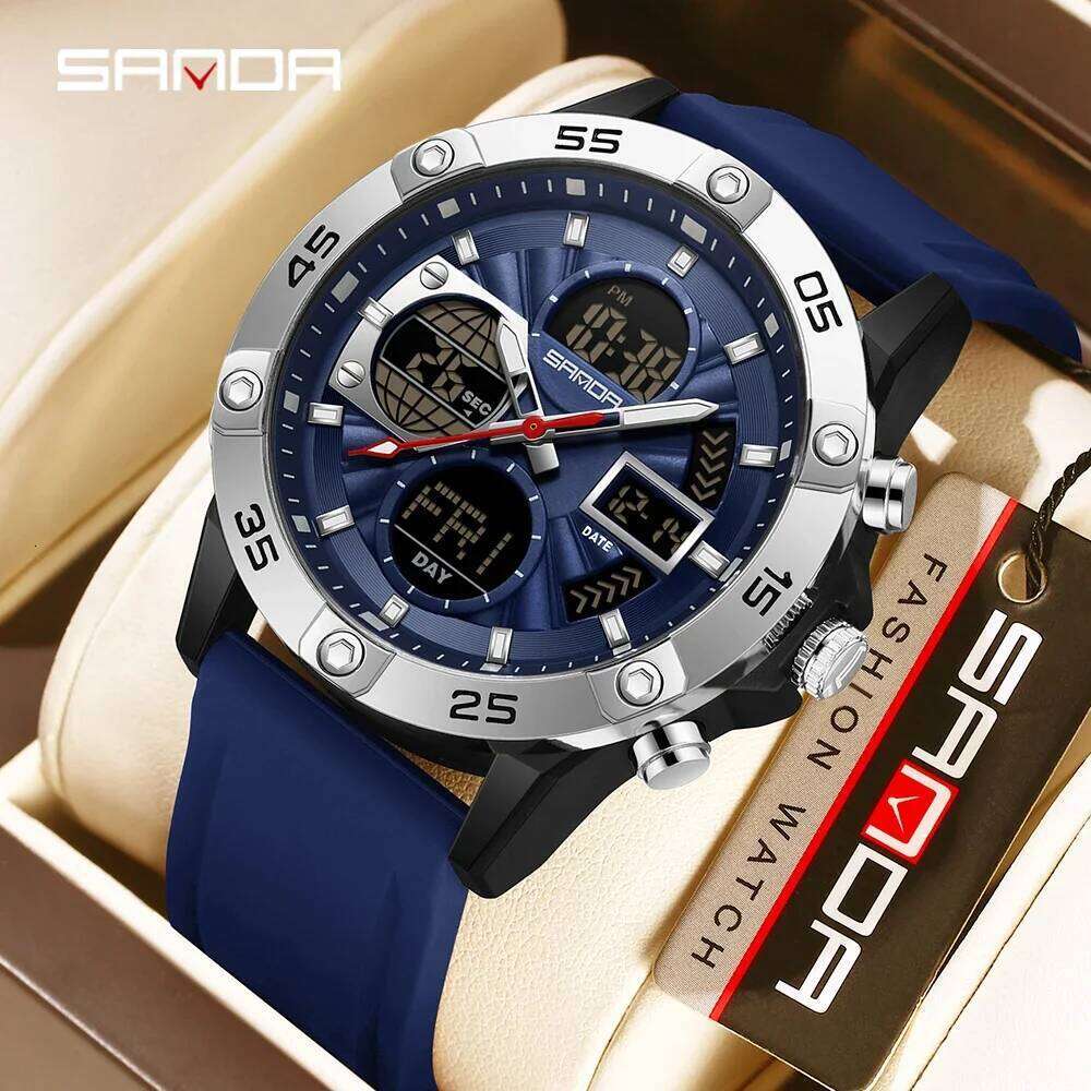 SANDA new 6239 fashionable men's sports watch with displays and dual movements, multifunctional 5ATM waterproof gift