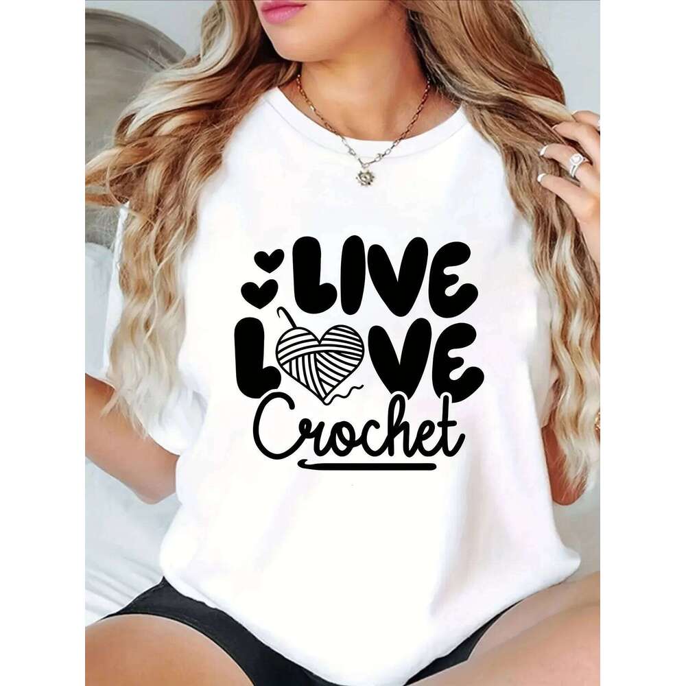 Women's themed LIVE LOVE crochet printed heart-shaped casual short sleeved round neck T-shirt Z260312