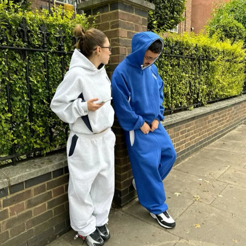 Y2K fashionable mens and womens high street Japanese casual sports letter embroidery hooded sweatshirt and pants set 260311
