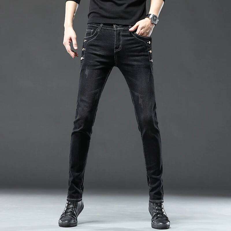 New Men Slim Korean Button Jeans Black Skinny Solid Color Stretch Multi-button Youth Male Denim Pants Streetwear 26Y0312