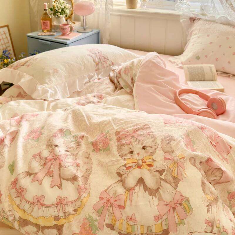 4Pcs Floral Cute Single Double Queen Bedding Girls Princess Style Ruffle Duvet Cover Set Flat Bed Sheet Pillowcases H260312