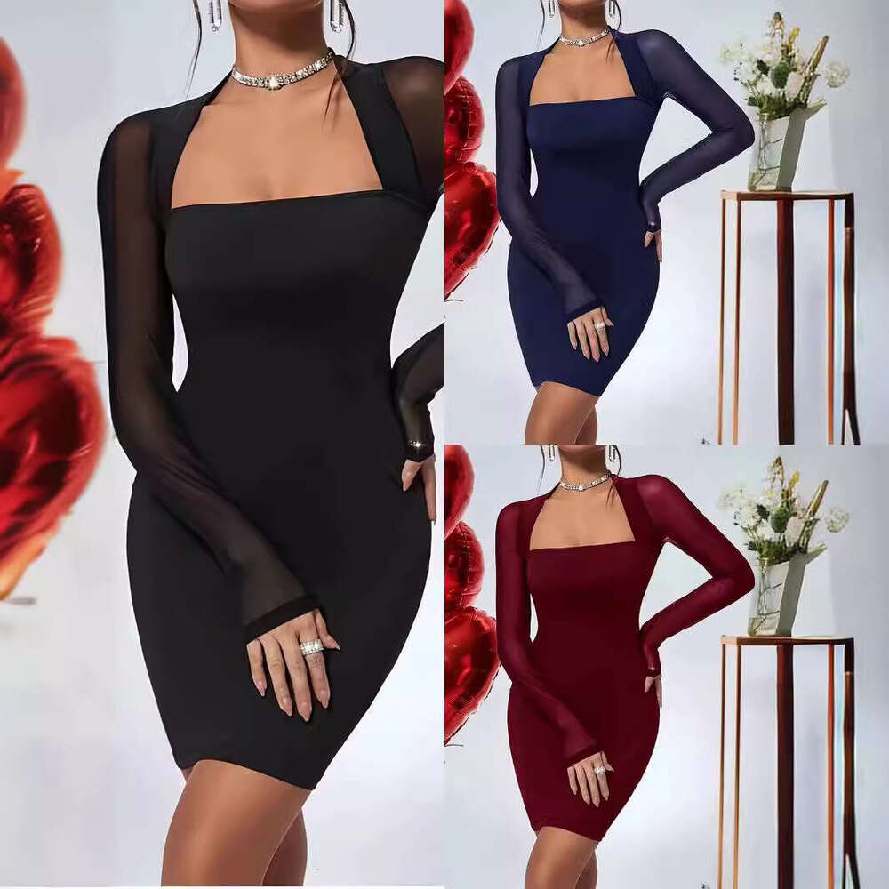 2024 Fall/Winter New European and American Women's Fashion Sexy Square Neck Slim-Fit Long-Sleeve Knit Bodycon Dress Short Skirt