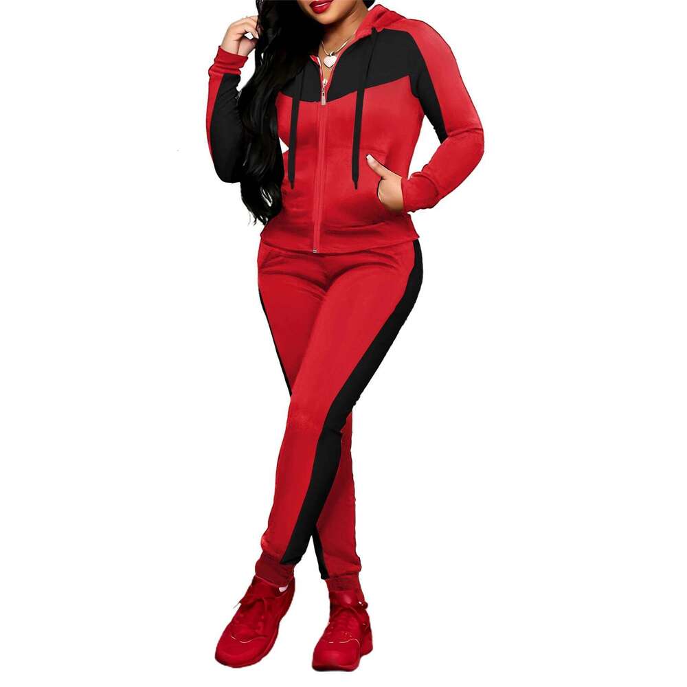 Two-piece Set Women's Colorblock Zip UpHoodie Pocket Pants, Casual Long SleeveHooded Sweatshirt & Jogger Pants for DailyWear, C260312