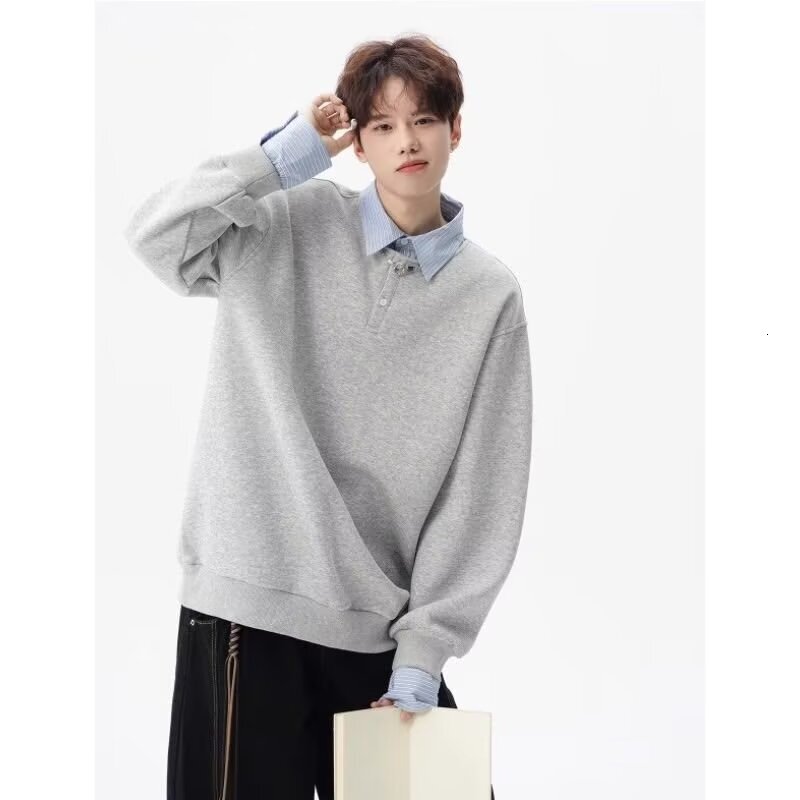Two-tone Fake Two-piece Sweatshirt With Shirt Collar Unisex Autumn Long-sleeve Stylish Design Designer Hoodie Loose Fit Couple's Style Top