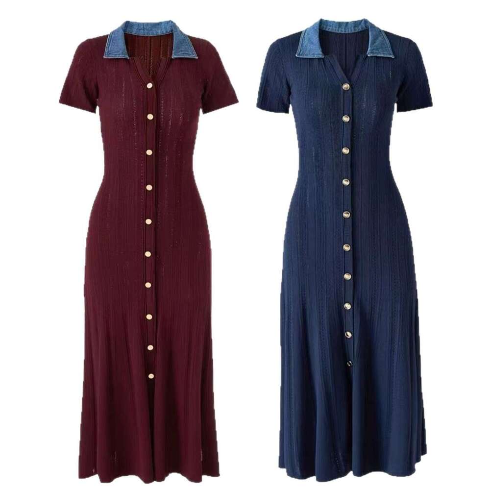 A13 2026 new color blocked knitted mini V-neck women's short sleeved single breasted waist cinching elegant Middle Eastern dress