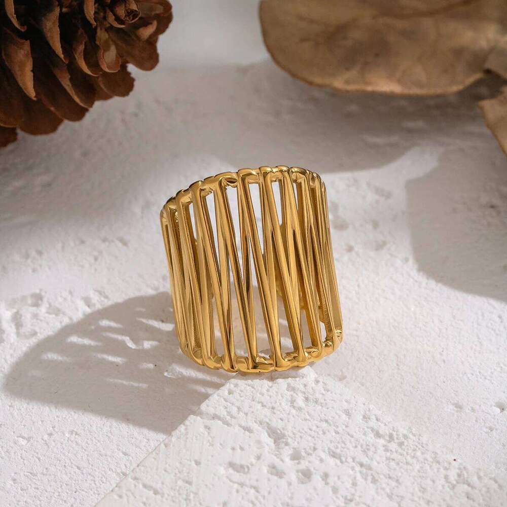 XIANING Stainless Steel 18K Gold Color Plated Metal Geometric High Quality Ring Water Resistant Texture Fashion Daily Jewelry H260312
