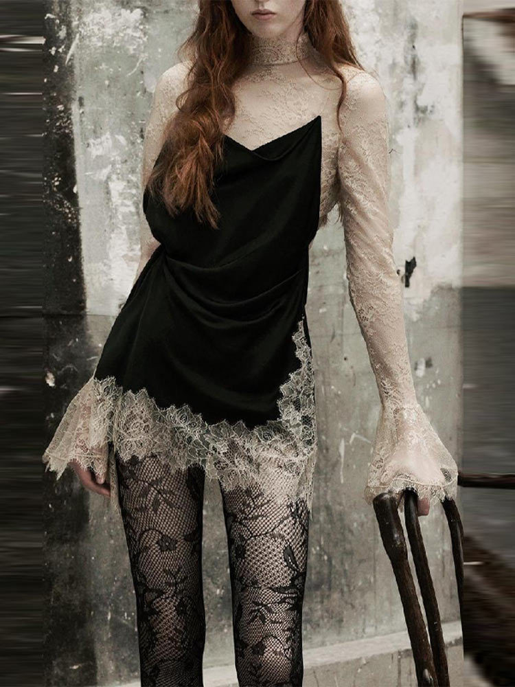 Vintage Contrast Lace Satin Dress for Women Sheer Bell Sleeve Mock Neck Ruched Bodycon Mini Cocktail Dress