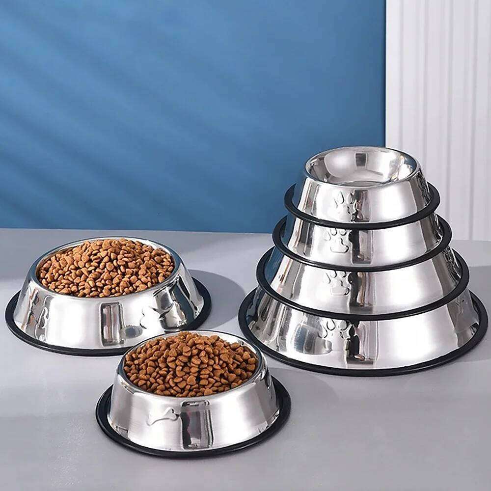 Stainless Steel Dog Cat Food Bowl Pets Quality Metal Pawprint Feeder Non-slip Pet Feeding Container with Rubber Base Accessories 26Y0312