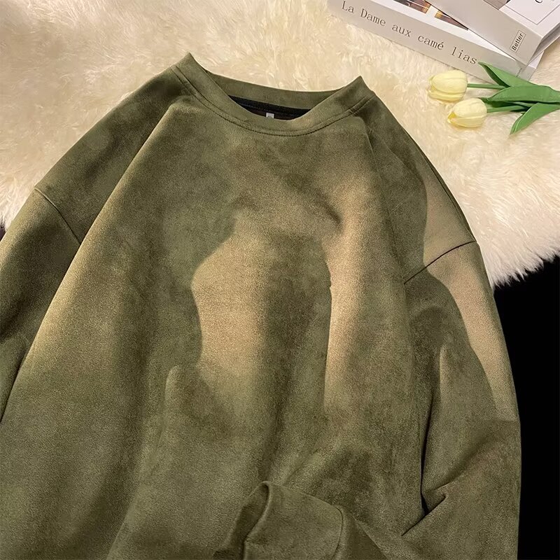 Men's Suede Sweatshirt Heavyweight High Street Style Designer Hoodie Trendy Round Neck Pullover Solid Color Sweatshirt Unisex Style Logo Jacket T