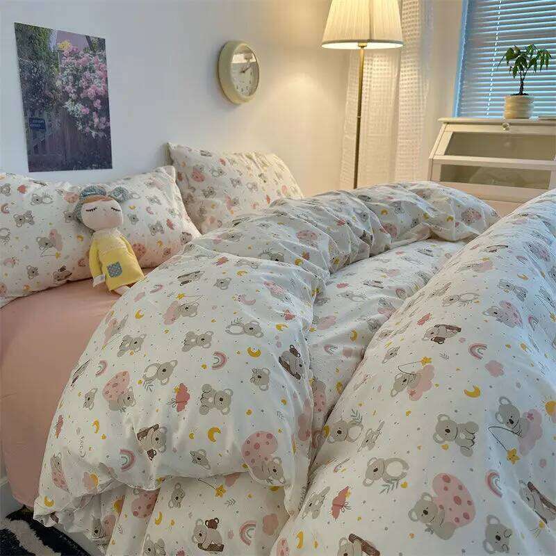 Wrinkled Yarn Washed Cotton Pastoral Four-piece Set Double Cartoon Style Bed Single Quilt Cover Dormitory Three-piece H260312