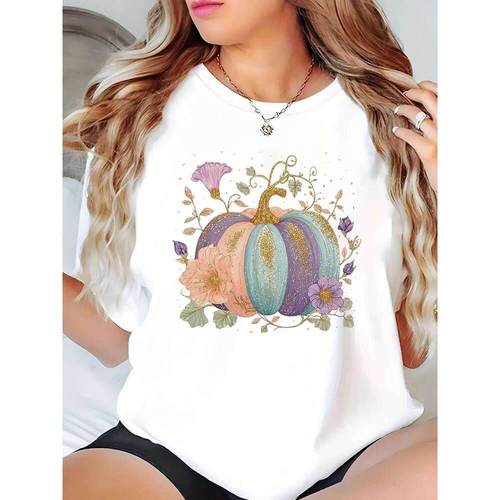 Women's Halloween Pumpkin Floral Print T-Shirt Z260312