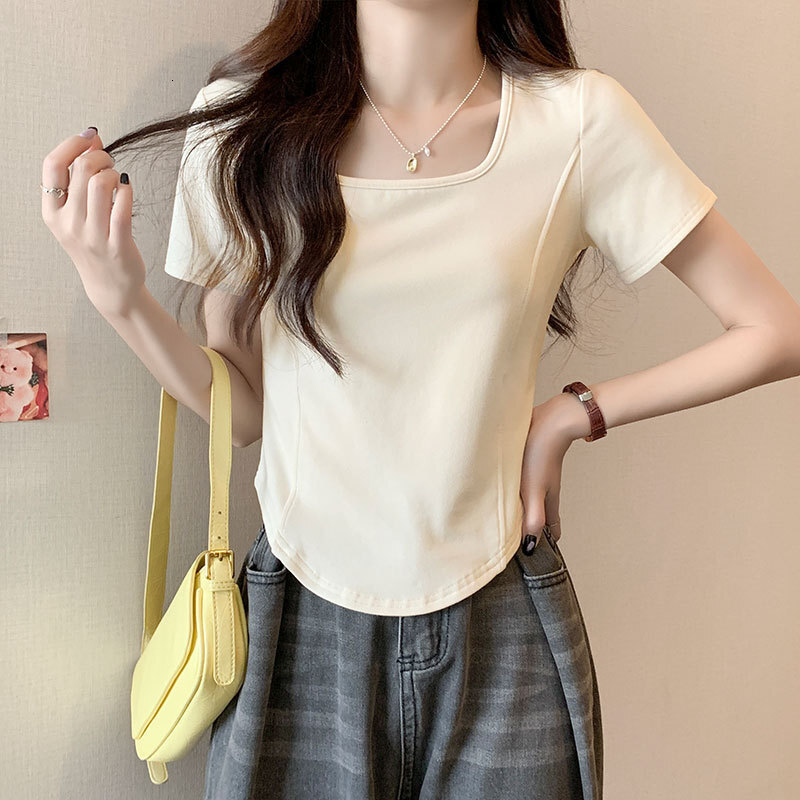 Off-shoulder Square Designer Shirt Neck Short Sleeve T-shirt Designer Hoodie Women's Polo Shirt Solid Color Summer New Fashionable Youthful Fishb